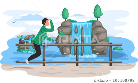 Waterfall in mountaines natural landscape in park. Traveler watching water flow falls down mountain 105108798