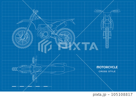 Outline cross motorcycle drawing. Line motorbike art. Front, side, top view of motocross cycle. Extreme bike industrial draw. Motorsport vehicle blueprint Outline cross motorcycle drawing. Line motorbike art. Front, side, top view of motocross cycle. Extreme bike industrial draw. Motorsport vehicle blueprint 105108817