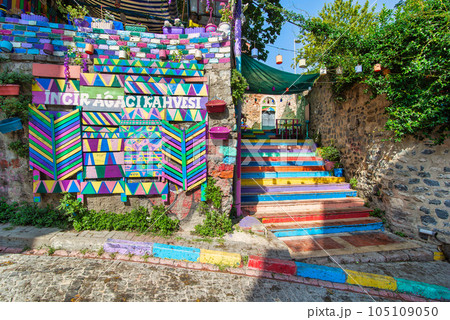 Daytime shot of cafe decorated with multicolored panels, and colorful stairs in Balat District, Istanbul, Turkey Daytime shot of cafe decorated with multicolored panels, and colorful stairs in Balat District, Istanbul, Turkey 105109050