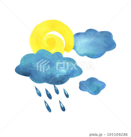 Blue clouds with raindrops and yellow sun. Watercolor illustration hand drawn in a simple abstract childish style. Isolated composition on a white background. Blue clouds with raindrops and yellow sun. Watercolor illustration hand drawn in a simple abstract childish style. Isolated composition on a white background. 105109286