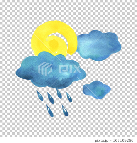 Blue clouds with raindrops and yellow sun. Watercolor illustration hand drawn in a simple abstract childish style. Isolated composition on a white background. Blue clouds with raindrops and yellow sun. Watercolor illustration hand drawn in a simple abstract childish style. Isolated composition on a white background. 105109286