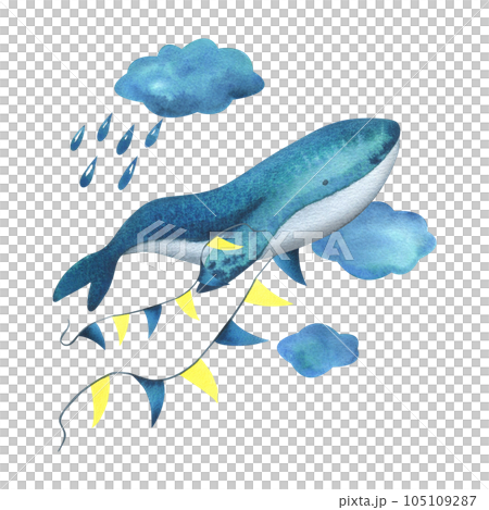 Turquoise whale in the clouds with a garland of flags among the clouds with raindrops. Watercolor illustration hand drawn in a simple childish style. Isolated composition on a white background. Turquoise whale in the clouds with a garland of flags among the clouds with raindrops. Watercolor illustration hand drawn in a simple childish style. Isolated composition on a white background. 105109287