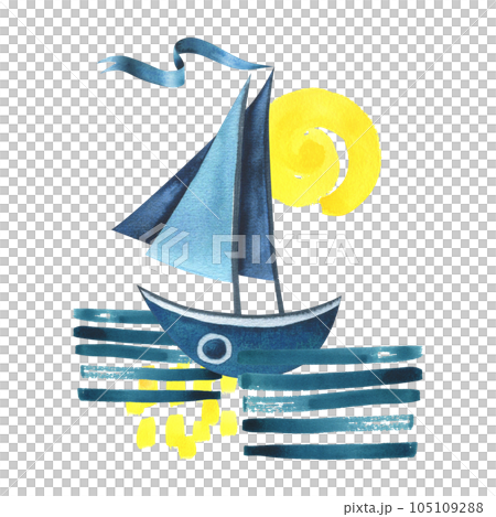 Sailing blue boat with a ribbon floating on the water with a yellow sun. Watercolor illustration hand drawn in a simple abstract childish style. Isolated composition on a white background. 105109288