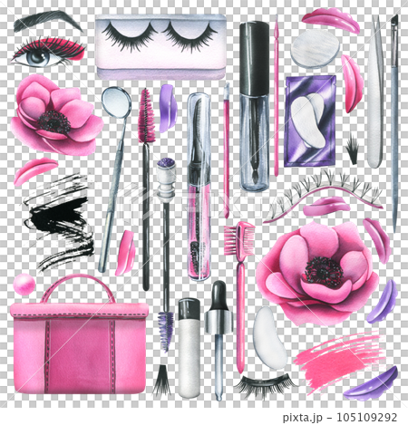 Set of professional cosmetics and pink bag tools for makers of lamination, painting eyelashes and eyebrows. Watercolor illustration, hand drawn. Isolated objects on a white background. 105109292
