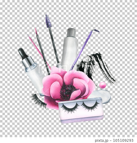 Cosmetics and brushes for eyes and eyebrows, tubes with pink anemone flowers. Watercolor illustration hand drawn. Isolated composition on a white background. Cosmetics and brushes for eyes and eyebrows, tubes with pink anemone flowers. Watercolor illustration hand drawn. Isolated composition on a white background. 105109293