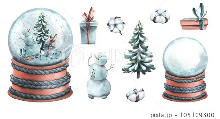 Glass snow globe on a knitted stand with a snowman, Christmas tree, gift boxes, cotton flowers. Watercolor illustration, hand drawn. Set of isolated clip art elements on white background. Glass snow globe on a knitted stand with a snowman, Christmas tree, gift boxes, cotton flowers. Watercolor illustration, hand drawn. Set of isolated clip art elements on white background. 105109300