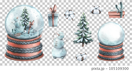 Glass snow globe on a knitted stand with a snowman, Christmas tree, gift boxes, cotton flowers. Watercolor illustration, hand drawn. Set of isolated clip art elements on white background. Glass snow globe on a knitted stand with a snowman, Christmas tree, gift boxes, cotton flowers. Watercolor illustration, hand drawn. Set of isolated clip art elements on white background. 105109300