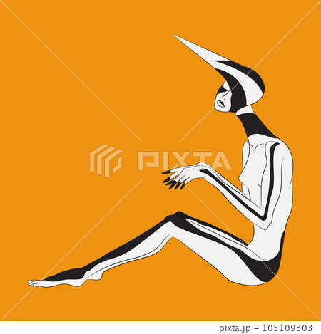 Abstract portrait of a woman with black lines on the body and a pointed headdress. Hand drawn woman concept art. Vector illustration Abstract portrait of a woman with black lines on the body and a pointed headdress. Hand drawn woman concept art. Vector illustration 105109303