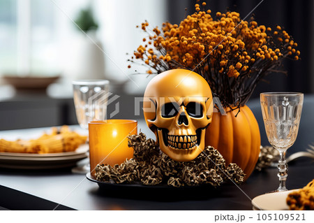 Festive table setting with pumpkins and skulls for halloween celebration. Generative AI illustration Festive table setting with pumpkins and skulls for halloween celebration. Generative AI illustration 105109521