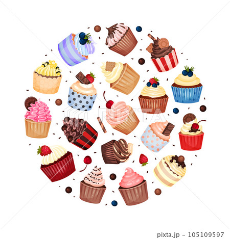Tasty Cupcake Round Composition Design with Sweet Dessert Vector Template 105109597