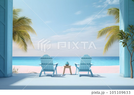 Relaxation on a beach concept. Two deck chairs on seashore, ocean sands in summer.Copy space. 105109633