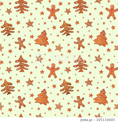 Christmas gingerbread cookies. Watercolor pattern of gingerbread man, stars with snowflakes, sugar coated spruce. Christmas, New Year ornate for scrapbooking, wrapping, prints, textile 105110885