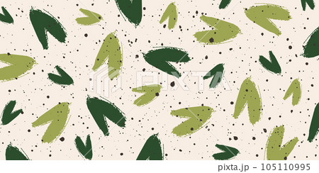 Abstract vector background with green brush strokes and dots on beige. Simple hand drawn pattern. Contemporary design for banner, cover, branding, card 105110995