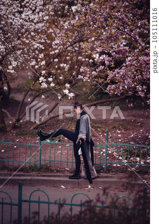 Beautiful young woman wearing kimono with cherry blossoms, sakura view 105111016