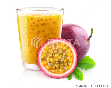 Glass of passion fruit drink and fresh fruits isolated on white background 105111394