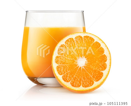 Orange juice in a glass and slice of orange fruit isolated on white background Orange juice in a glass and slice of orange fruit isolated on white background 105111395