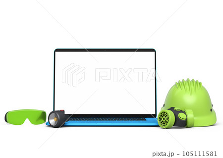 Set of safety helmets or hard caps, respirator and laptop on white background 105111581