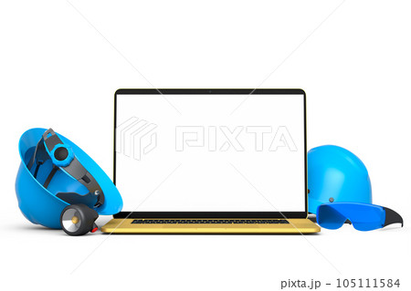 Set of safety helmets or hard caps, goggles and laptop on white background Set of safety helmets or hard caps, goggles and laptop on white background 105111584