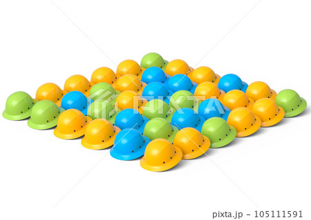 Set of safety helmets or hard caps for carpentry work in row on white background 105111591