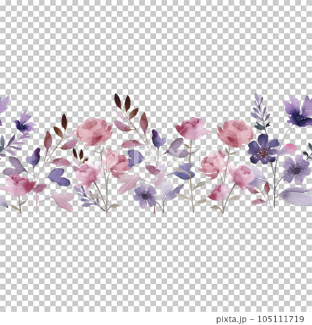 Seamless border with delicate pink and purple flowers, watercolor illustration. 105111719