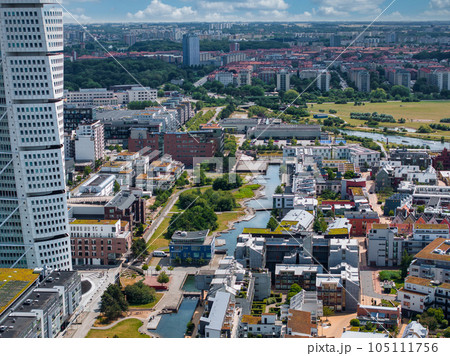 Beautiful aerial panoramic view of the Malmo city in Sweden. Turning Torso skyscraper in Malmo, Sweden. Beautiful aerial panoramic view of the Malmo city in Sweden. Turning Torso skyscraper in Malmo, Sweden. 105111756