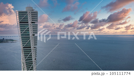 Beautiful aerial panoramic view of the Malmo city in Sweden. Turning Torso skyscraper in Malmo, Sweden. 105111774
