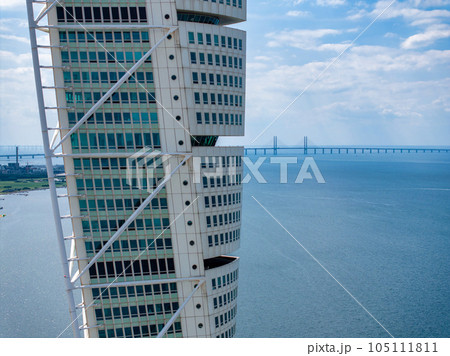 Beautiful aerial panoramic view of the Malmo city in Sweden. Turning Torso skyscraper in Malmo, Sweden. Beautiful aerial panoramic view of the Malmo city in Sweden. Turning Torso skyscraper in Malmo, Sweden. 105111811