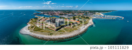 Aerial view of Kronborg castle with ramparts, ravelin guarding the entrance to the Baltic Sea and the Oresund in Helsingor Denmark Aerial view of Kronborg castle with ramparts, ravelin guarding the entrance to the Baltic Sea and the Oresund in Helsingor Denmark 105111829