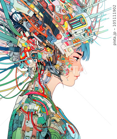 Female humanoid cyborg, with complex wiring and circuitry, side view over white Female humanoid cyborg, with complex wiring and circuitry, side view over white 105111902
