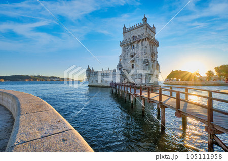 Belem Tower or Tower of St Vincent - famous tourist landmark of Lisboa and tourism attraction - on the bank of the Tagus River (Tejo) on sunset. Lisbon, Portugal Belem Tower or Tower of St Vincent - famous tourist landmark of Lisboa and tourism attraction - on the bank of the Tagus River (Tejo) on sunset. Lisbon, Portugal 105111958