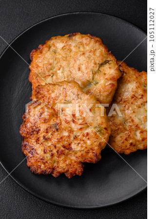 Delicious fresh fried minced chicken meat cutlets with salt, spices and herbs Delicious fresh fried minced chicken meat cutlets with salt, spices and herbs 105112027