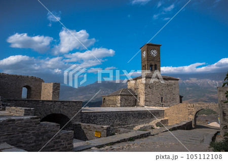 Clock Tower in Gjirokaster Citadel surrounded by ancient ruins, attraction in Albania, Europe 105112108