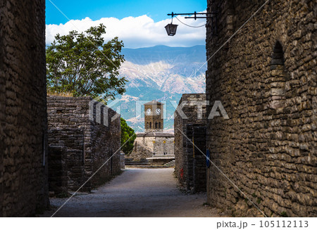 Clock Tower in Gjirokaster Citadel surrounded by ancient ruins, attraction in Albania, Europe Clock Tower in Gjirokaster Citadel surrounded by ancient ruins, attraction in Albania, Europe 105112113