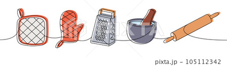 Kitchen utensils one line colored continuous drawing. Kitchen mitten, glove, hand steel grater, mortar, rolling pin continuous one line illustration. Kitchen utensils one line colored continuous drawing. Kitchen mitten, glove, hand steel grater, mortar, rolling pin continuous one line illustration. 105112342