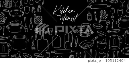 Kitchenware and cutlery horizontal outline banner. Set of kitchen tools. Cooking tools, appliances, kitchenware, utensil. Isolated on black background 105112404