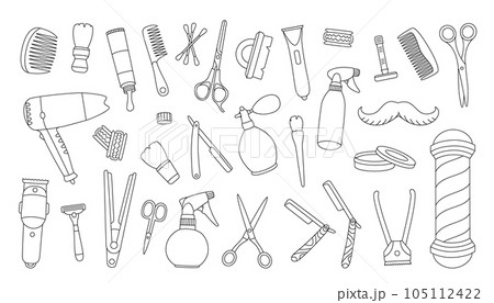 Hairdressing tools outline set. Barber shop kit. Barbershop equipments. Barber pole, razor blade, hair clipper, scissors, comb, dryer, spray bottle. Hairdressing tools outline set. Barber shop kit. Barbershop equipments. Barber pole, razor blade, hair clipper, scissors, comb, dryer, spray bottle. 105112422