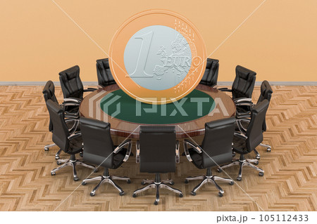 Round table with euro coin and armchairs around, 3D rendering Round table with euro coin and armchairs around, 3D rendering 105112433