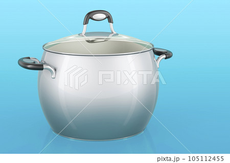 Steel stock pot on blue background, 3D rendering Steel stock pot on blue background, 3D rendering 105112455