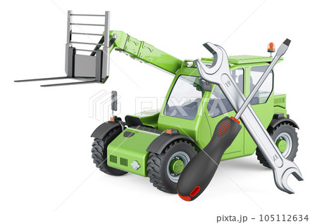 Telescopic handlers with screwdriver and wrench. 3D rendering Telescopic handlers with screwdriver and wrench. 3D rendering 105112634