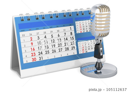 Retro microphone with desk calendar. 3D rendering Retro microphone with desk calendar. 3D rendering 105112637