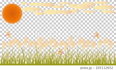 ススキと赤とんぼと夕暮れの秋をイメージしたイラスト　アスペクト比16：9バージョン 105112652
