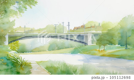 橋のある風景の水彩イラスト Generative AIのイラスト素材 [105112698