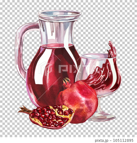 Pomegranate juice and pomegranate juice in decanter and glass. Watercolor hand drawn illustration. Isolate on white background. for design solutions. For labels, packaging and flyers, postcard, print. 105112895