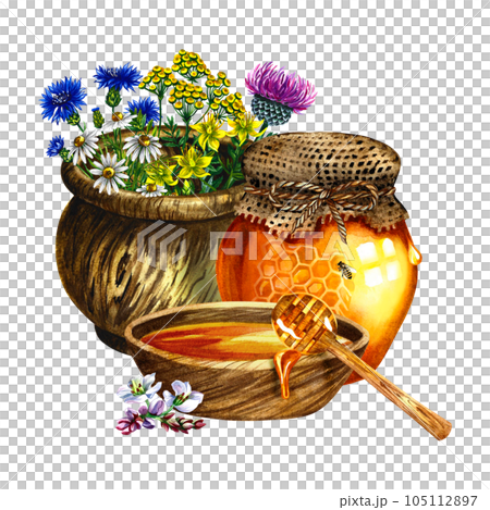 Honey in a glass jar and a wooden cup with a honey spoon. Wildflowers in a pot. Watercolor hand drawn illustration. For packaging and labels, postcards and banners, printing and stickers. Honey in a glass jar and a wooden cup with a honey spoon. Wildflowers in a pot. Watercolor hand drawn illustration. For packaging and labels, postcards and banners, printing and stickers. 105112897