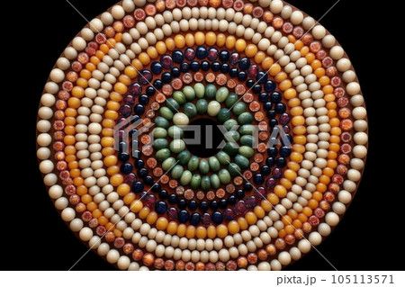 glass marbles arranged in a circular pattern, created with generative ai 105113571