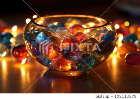 glass marbles inside a crystal bowl with soft lighting, created with generative ai 105113579