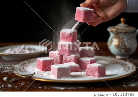 dusting the cut turkish delight cubes with powdered sugar, created with generative ai 105113768