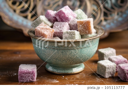 turkish delight squares in an authentic ceramic bowl, created with generative ai turkish delight squares in an authentic ceramic bowl, created with generative ai 105113777