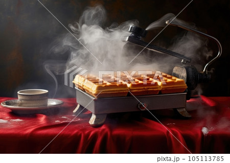 waffle iron closed, steam escaping from sides, created with generative ai waffle iron closed, steam escaping from sides, created with generative ai 105113785