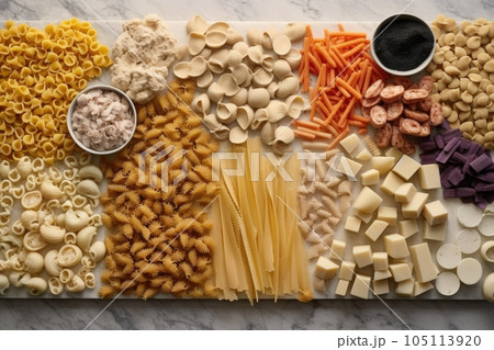various pasta shapes displayed on a marble board, created with generative ai various pasta shapes displayed on a marble board, created with generative ai 105113920